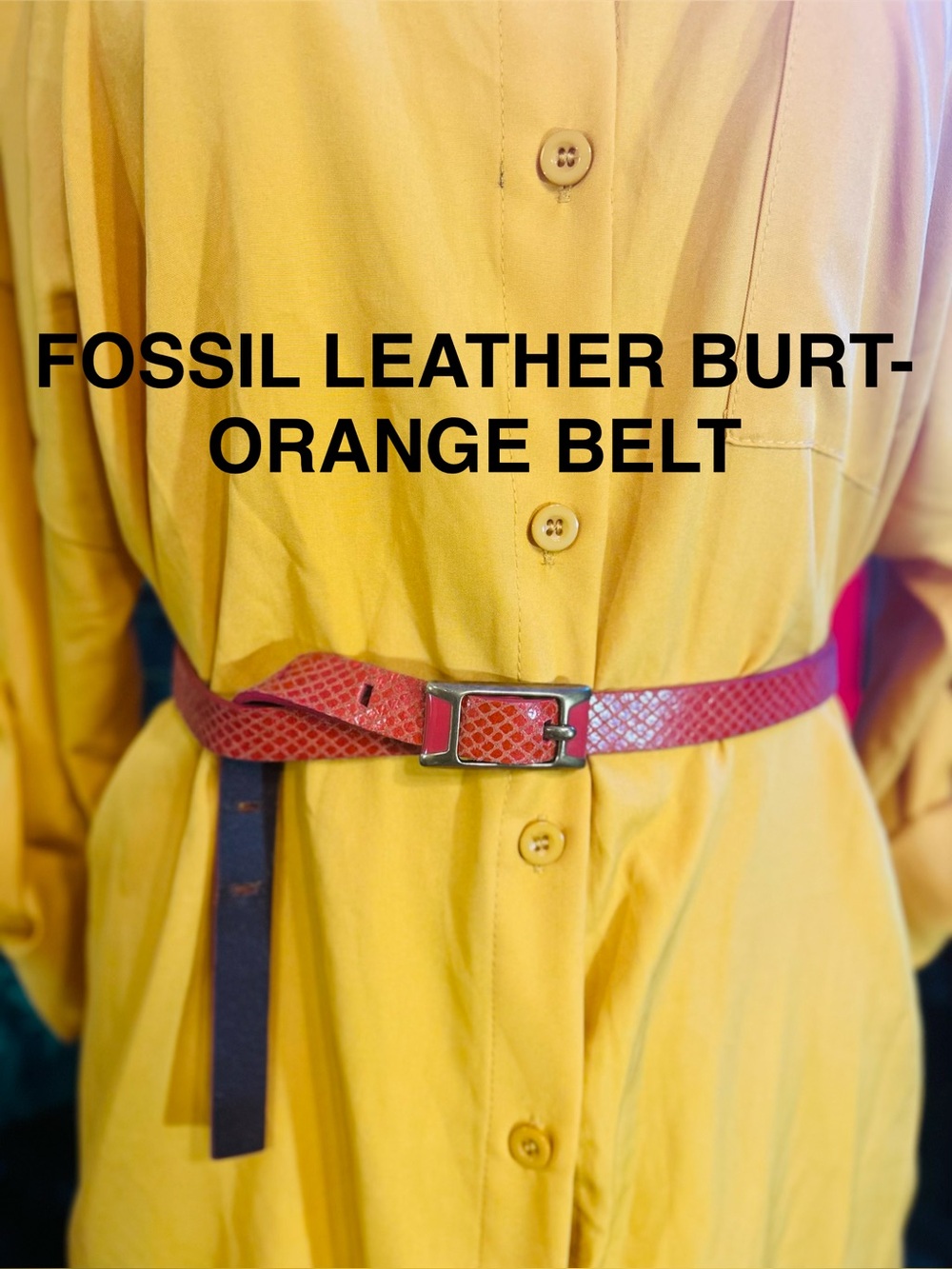 Fossil Orange Textured Leather Slim Belt with Gold & Orange Buckle | Size: L